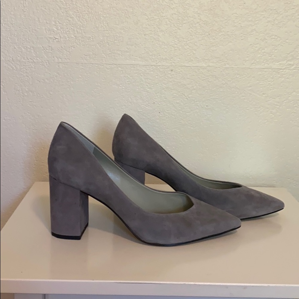 Gray sued chunky pumps